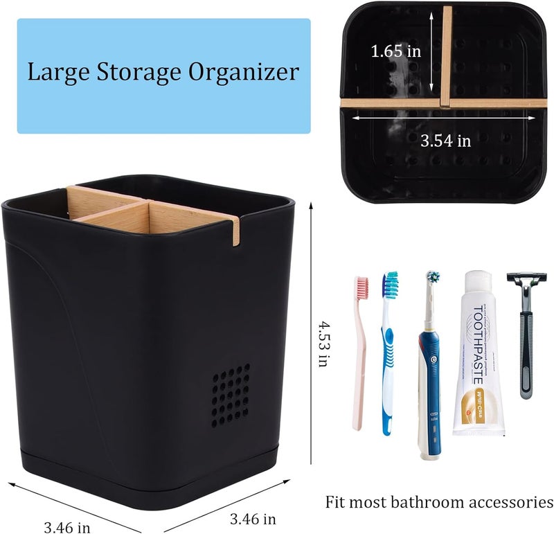 Heagoale Electric Toothbrush Holder 3 Slots Tooth Brushing Holder with Bamboo Dividers for Bathrooms, Plastic Toothbrush and Toothpaste Organizer for Shower, Countertop, Vanity, Black - Image 4